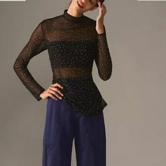 Eva Franco Long‑Sleeve Sheer Mesh Rhinestone Tunic Top, Size M — Statement Layer - Picture 3 of 16